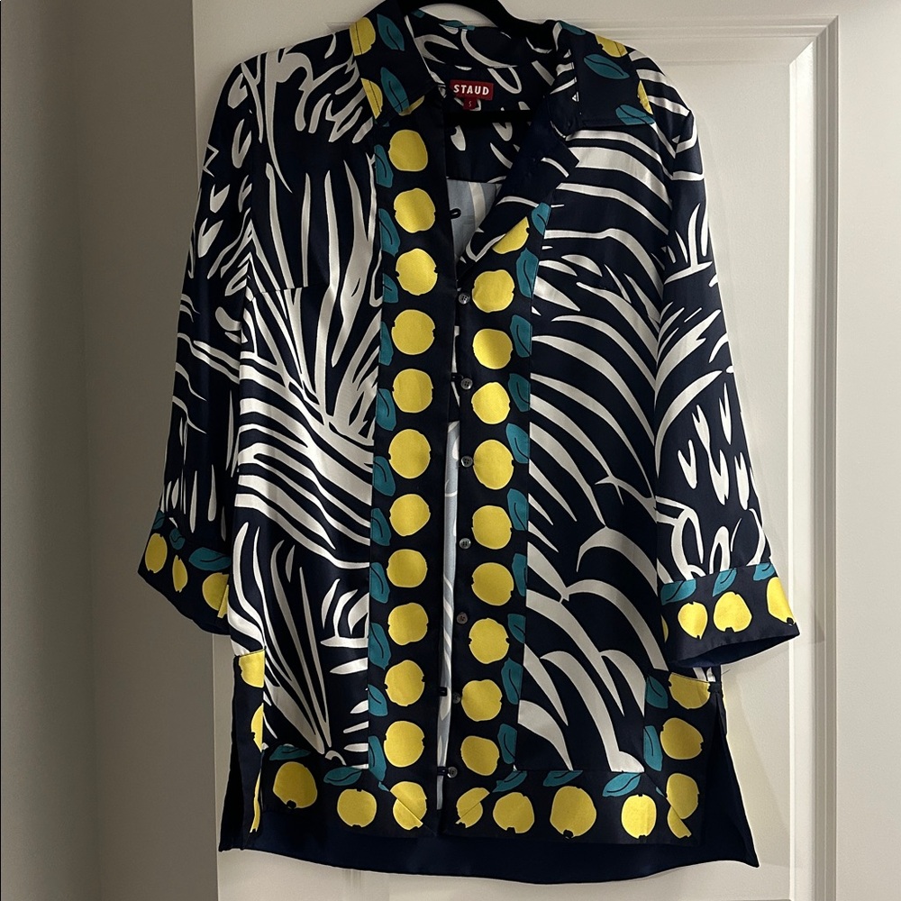 STAUD Blue and White Blouse with Yellow lemon Accents small - Picture 3 of 5